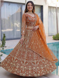Elegant Orange Embroidered Net Wedding Lehenga Choli With Dupatta