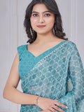 Charming Sky Blue Digital Printed Organza Silk Festive Wear Saree