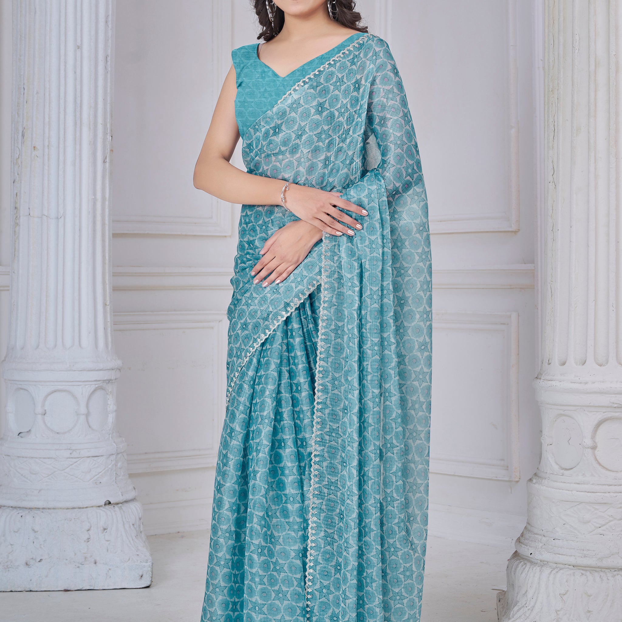 Charming Sky Blue Digital Printed Organza Silk Festive Wear Saree