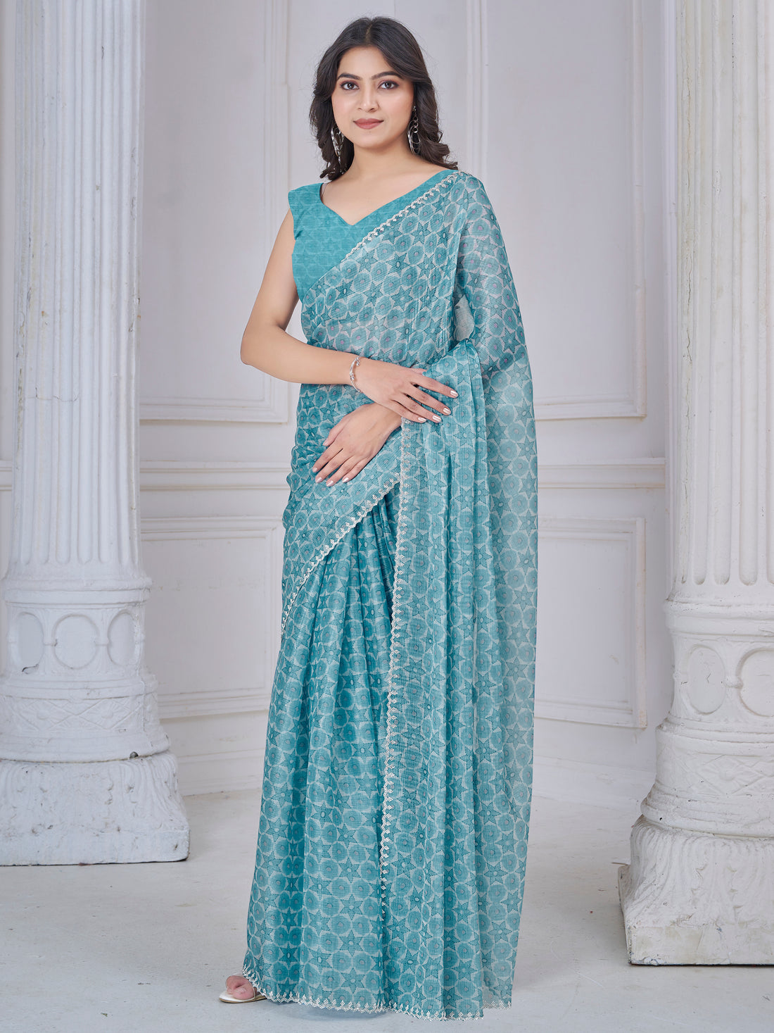 Charming Sky Blue Digital Printed Organza Silk Festive Wear Saree