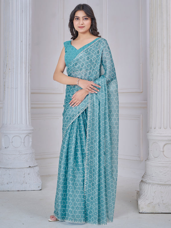 Charming Sky Blue Digital Printed Organza Silk Festive Wear Saree
