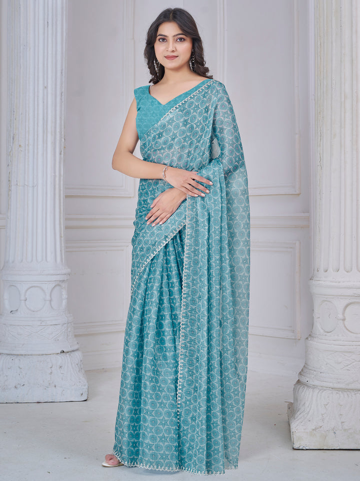 Charming Sky Blue Digital Printed Organza Silk Festive Wear Saree