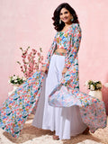 Precious White Printed Crepe Party Wear Crop Top Palazzo With Shrug