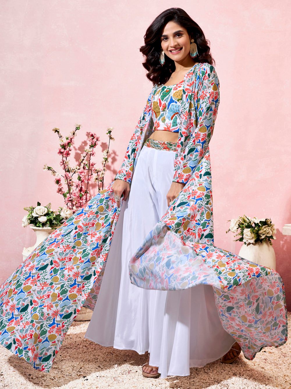 Precious White Printed Crepe Party Wear Crop Top Palazzo With Shrug