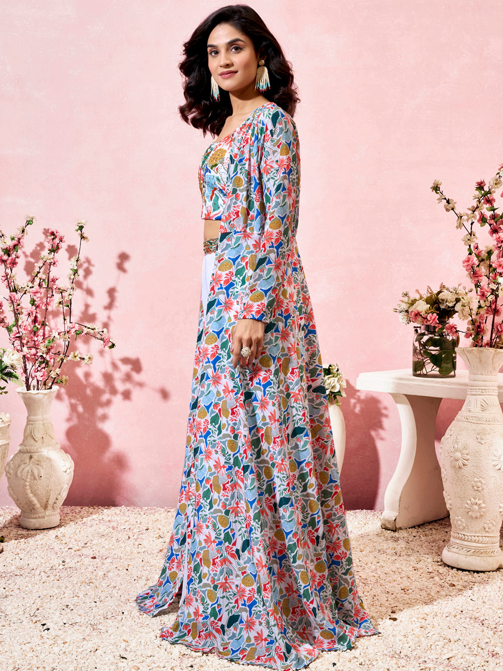Precious White Printed Crepe Party Wear Crop Top Palazzo With Shrug