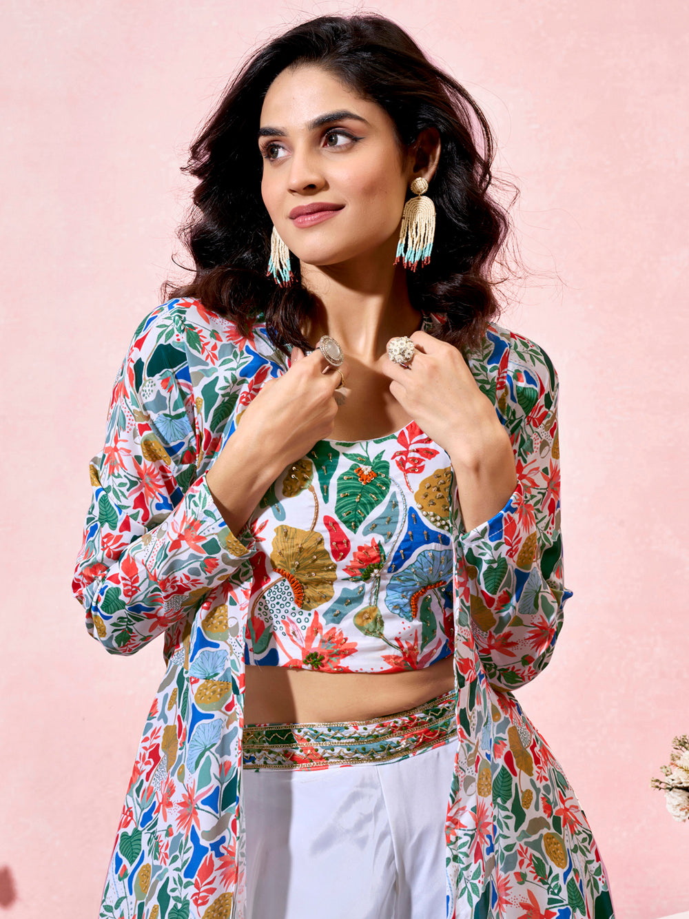 Precious White Printed Crepe Party Wear Crop Top Palazzo With Shrug