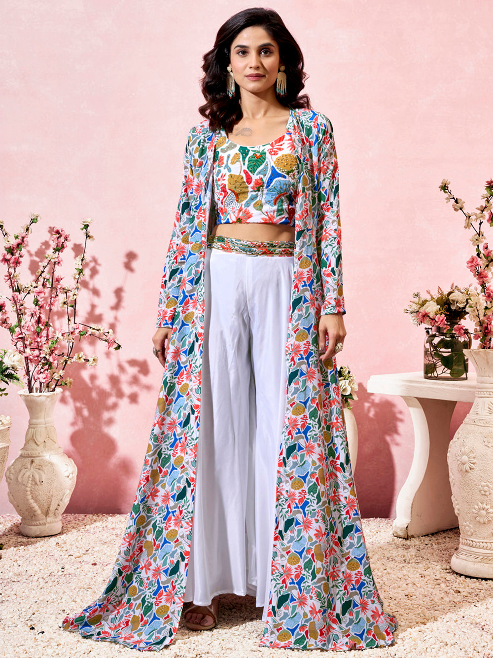Precious White Printed Crepe Party Wear Crop Top Palazzo With Shrug