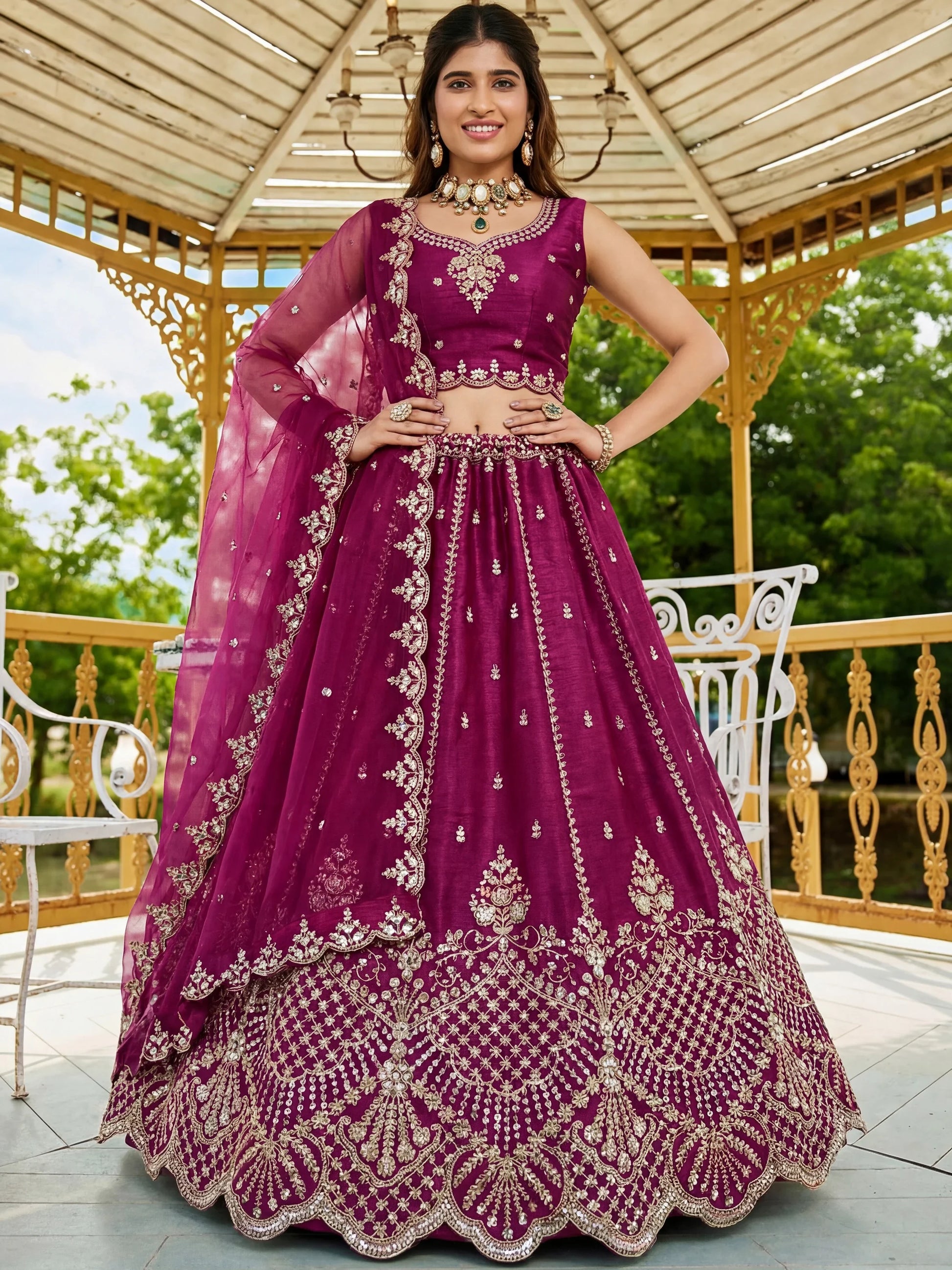 Elegant Wine Dori Embroidery Satin Function Wear Lehenga Choli