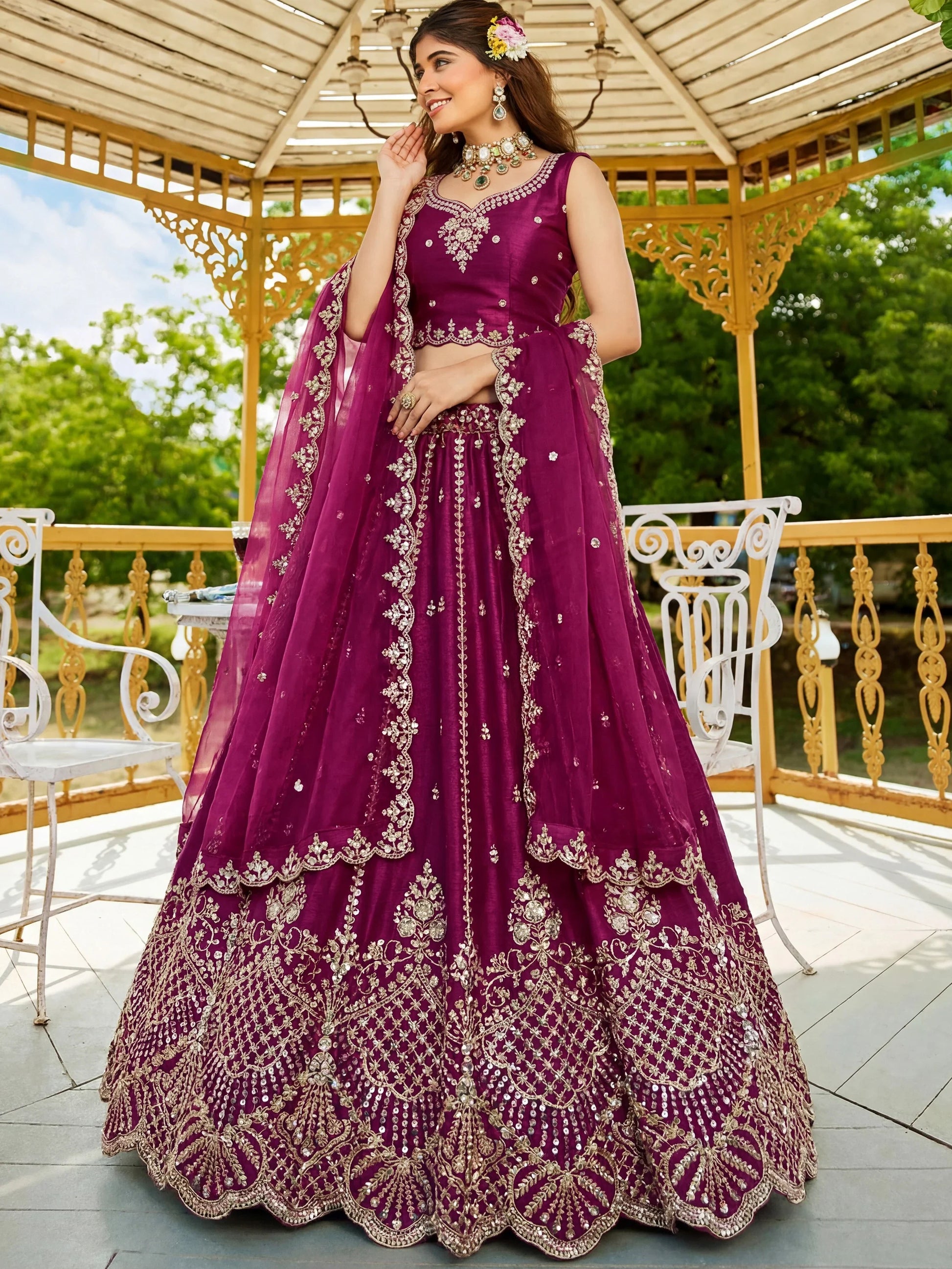 Elegant Wine Dori Embroidery Satin Function Wear Lehenga Choli