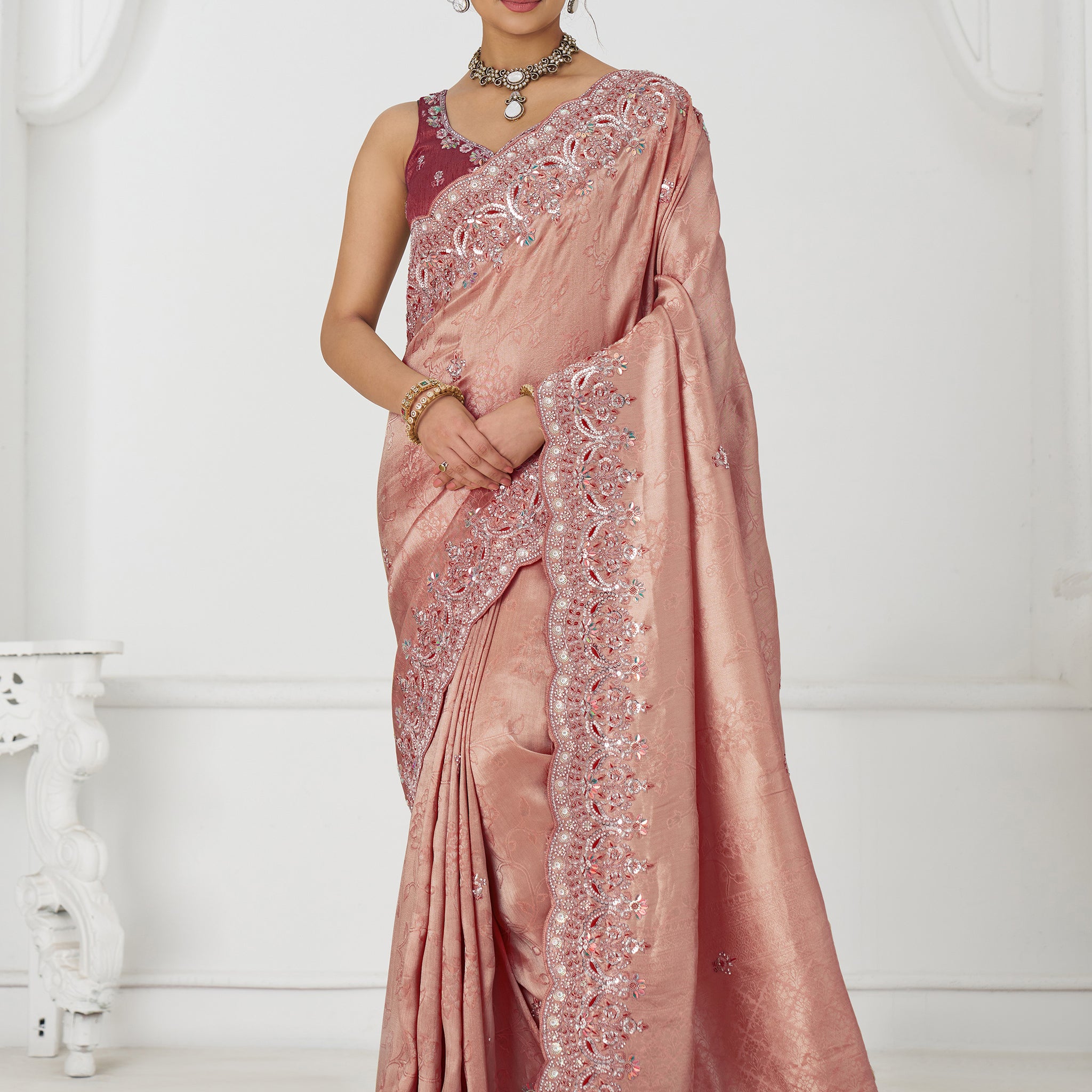 Enchanting Pink Dola Silk Sequins Wedding Saree With Blouse