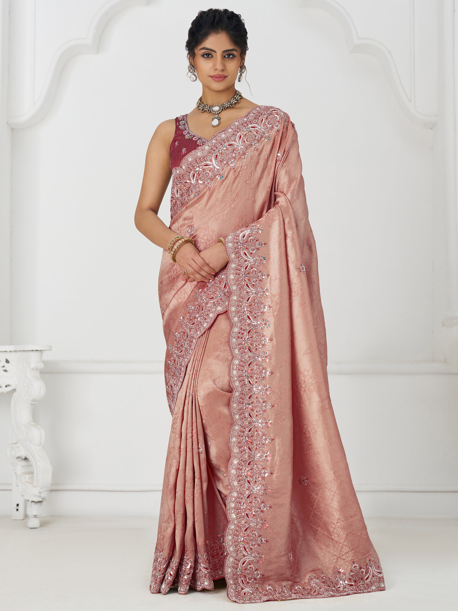 Enchanting Pink Dola Silk Sequins Wedding Saree With Blouse