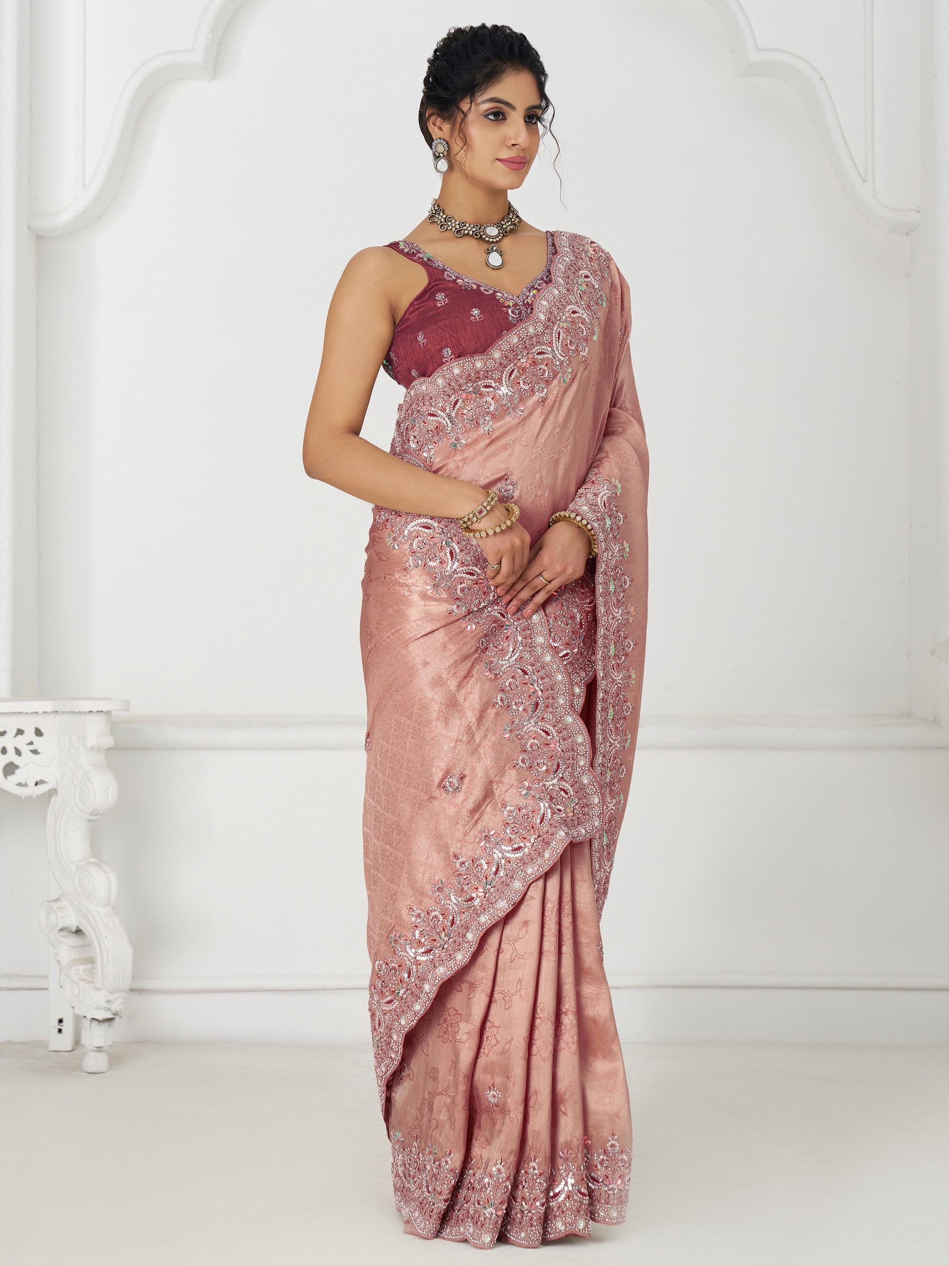 Enchanting Pink Dola Silk Sequins Wedding Saree With Blouse
