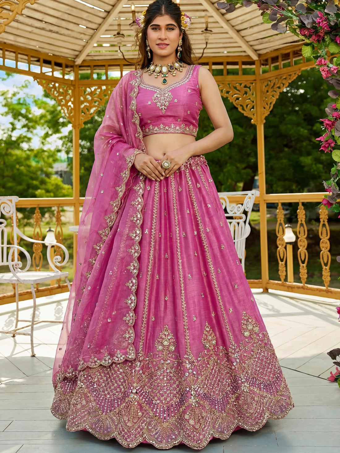 Magnificent Pink Dori Embroidery Satin Sangeet Wear Lehenga Choli