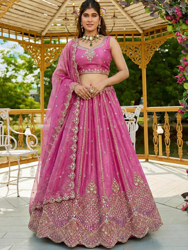 Magnificent Pink Dori Embroidery Satin Sangeet Wear Lehenga Choli