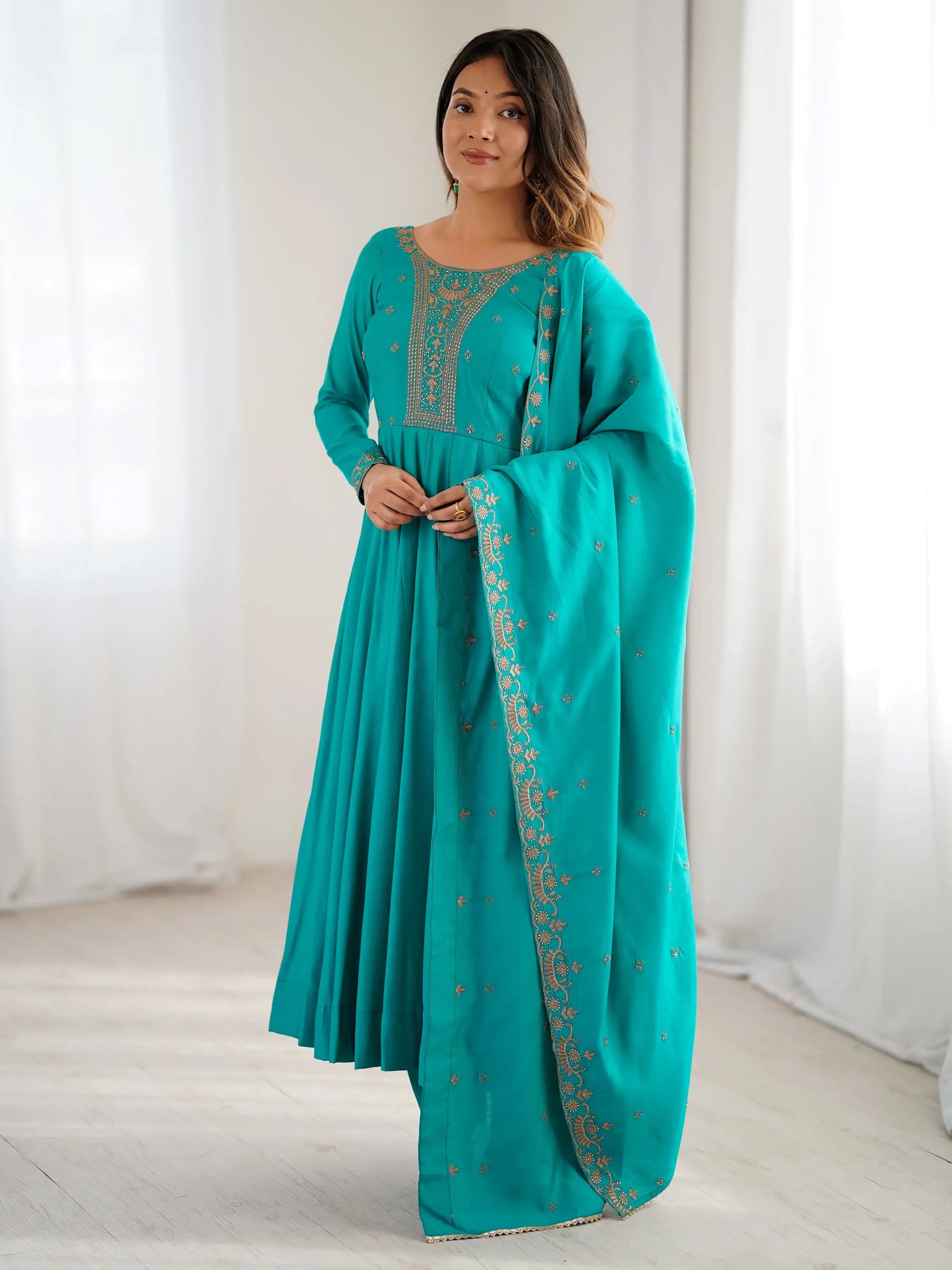 Grand Sky Blue Bead Embroidery Sequins Silk Evening Wear Anarkali Gown With Dupatta