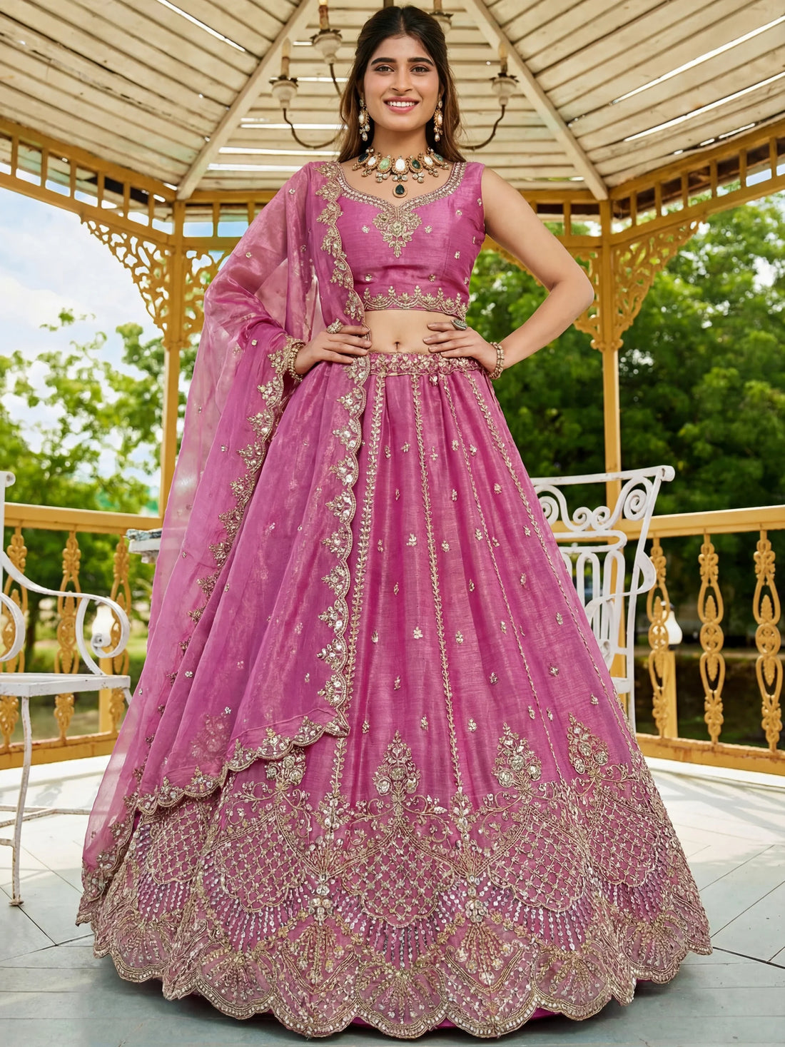 Magnificent Pink Dori Embroidery Satin Sangeet Wear Lehenga Choli