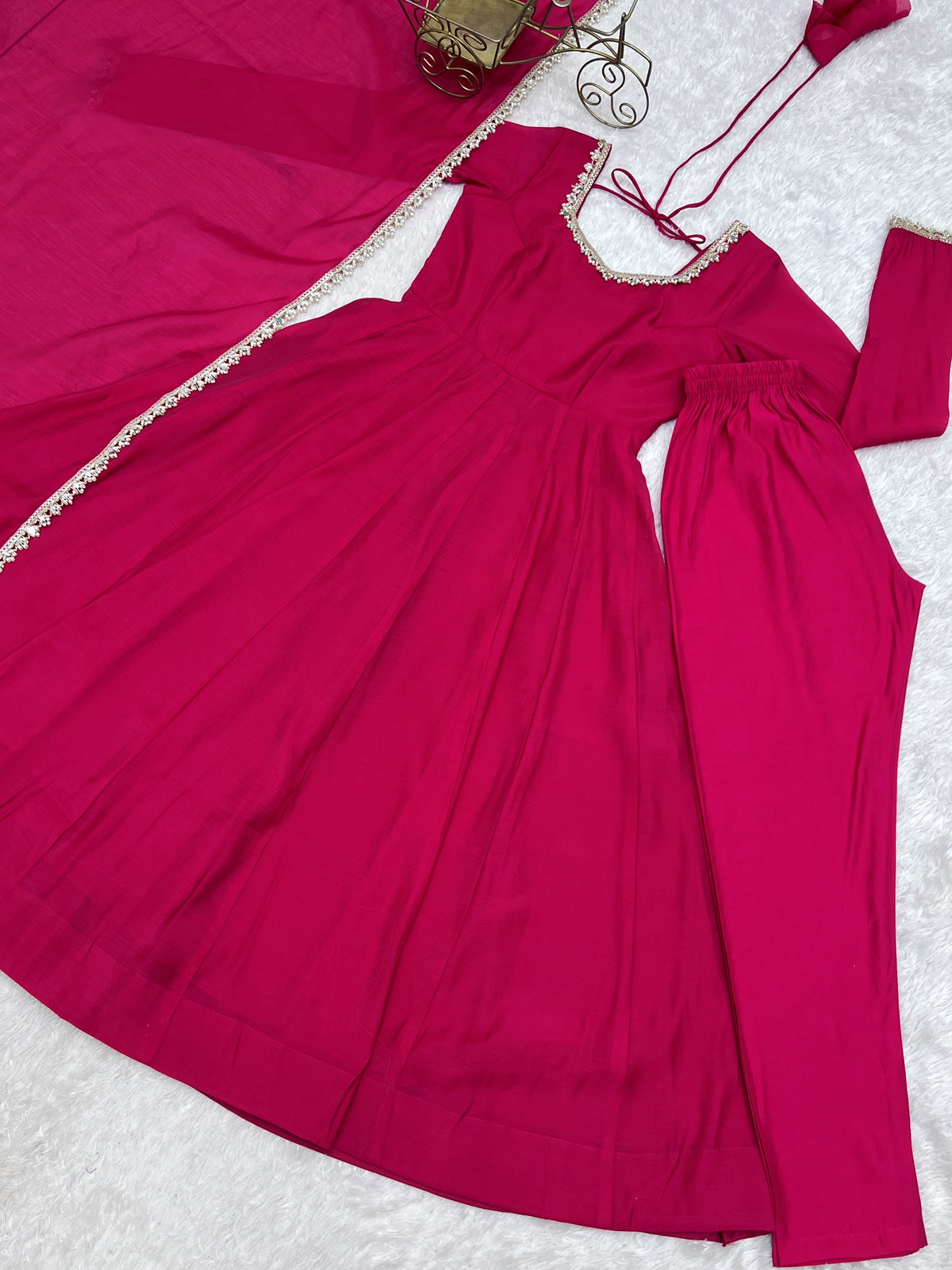 Radiant Rani Pink Mirror Laced Chanderi Festive Wear Anarkali Gown