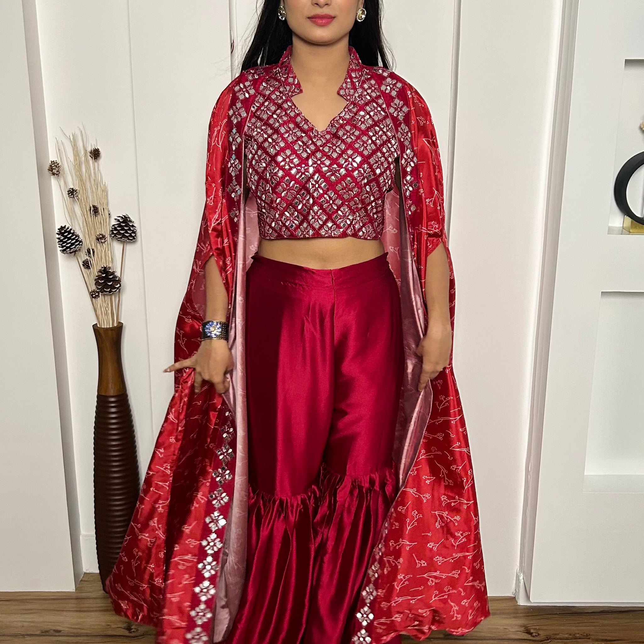Wonderful Red Mirror Work Satin Crop-Top Sharara With Koti