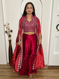 Wonderful Red Mirror Work Satin Crop-Top Sharara With Koti