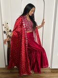 Wonderful Red Mirror Work Satin Crop-Top Sharara With Koti
