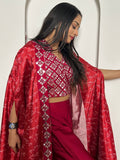 Wonderful Red Mirror Work Satin Crop-Top Sharara With Koti
