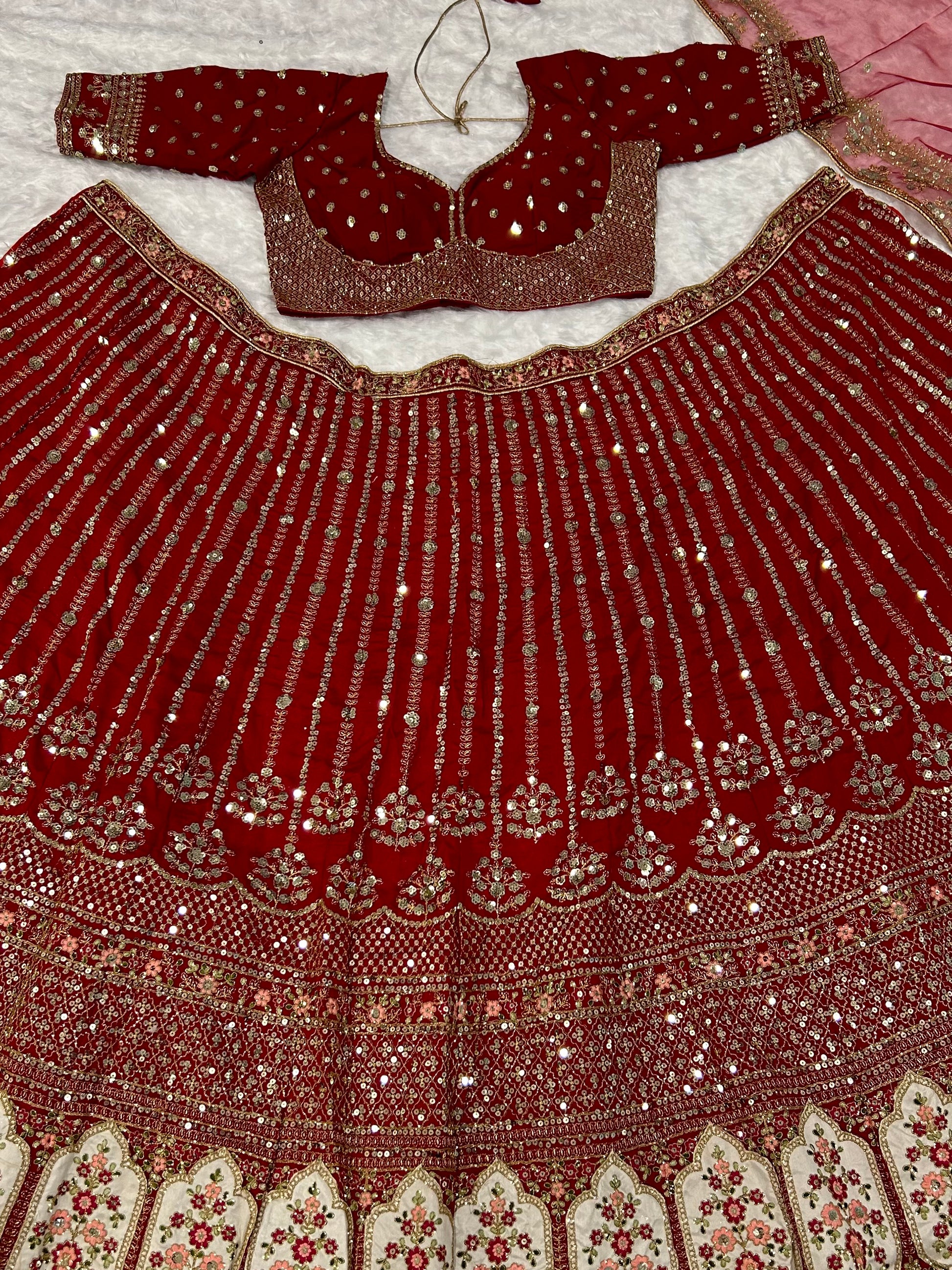 Glamorous Red Sequins Silk Wedding Lehenga Choli With Dupatta