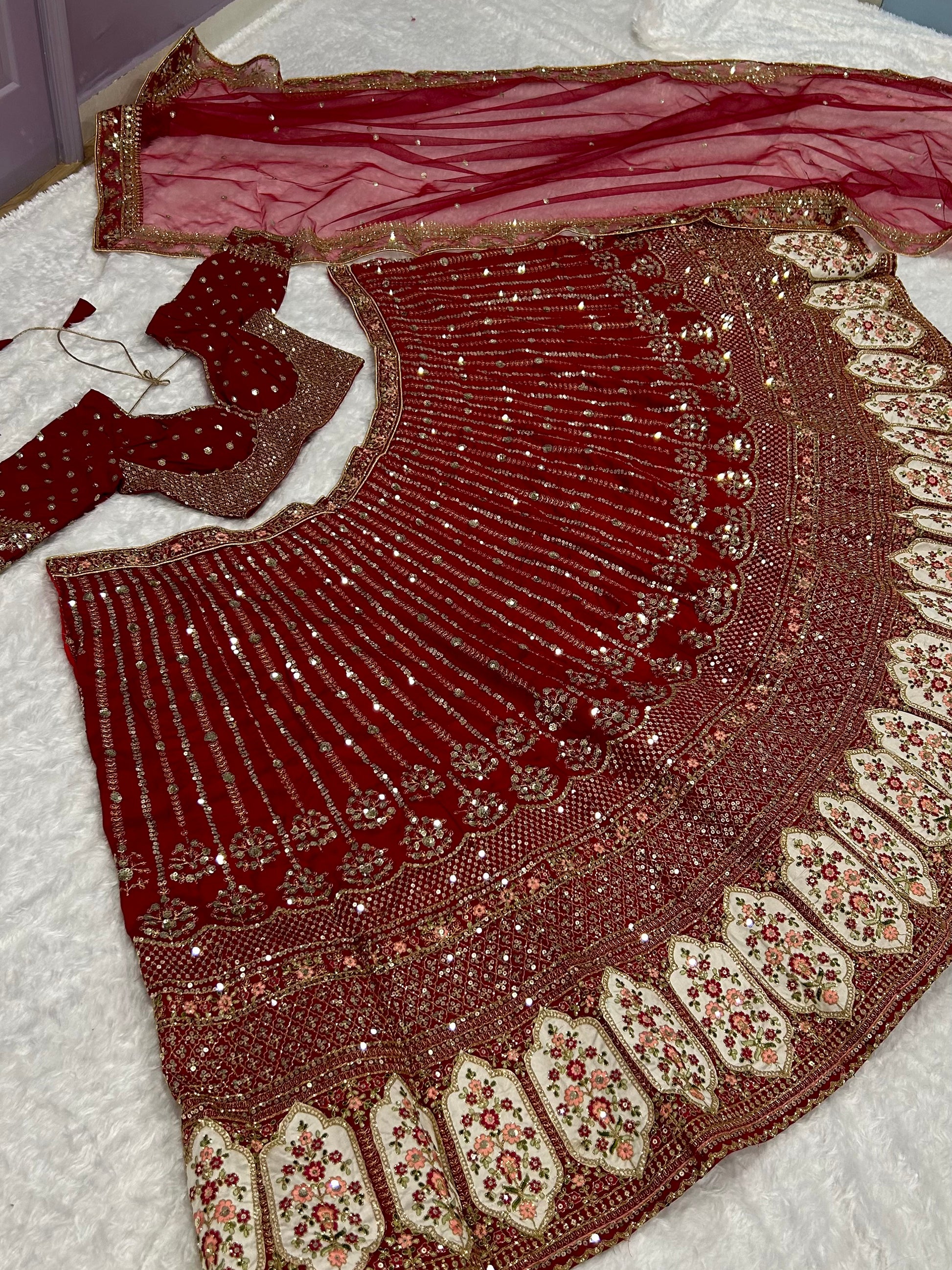 Glamorous Red Sequins Silk Wedding Lehenga Choli With Dupatta