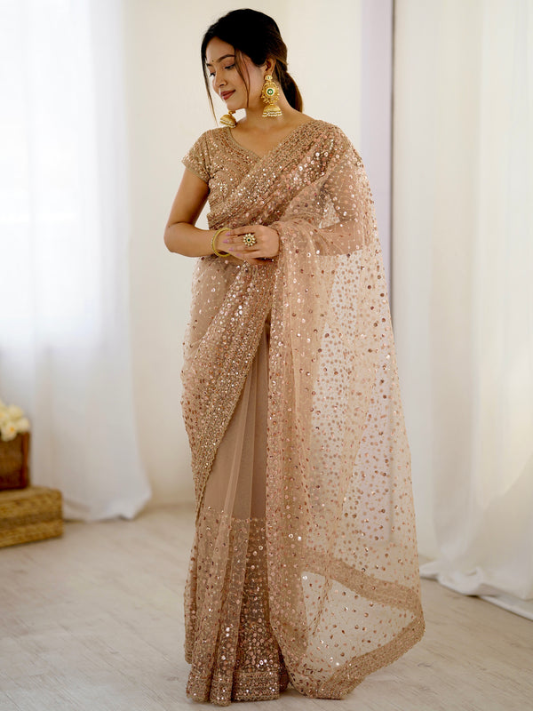 Marvelous Golden Sequins Net Party Wear Saree With Blouse