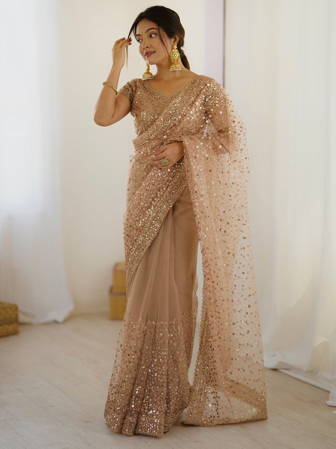Marvelous Golden Sequins Net Party Wear Saree With Blouse