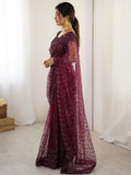 Gorgeous Wine Sequins Net Reception Wear Saree With Blouse