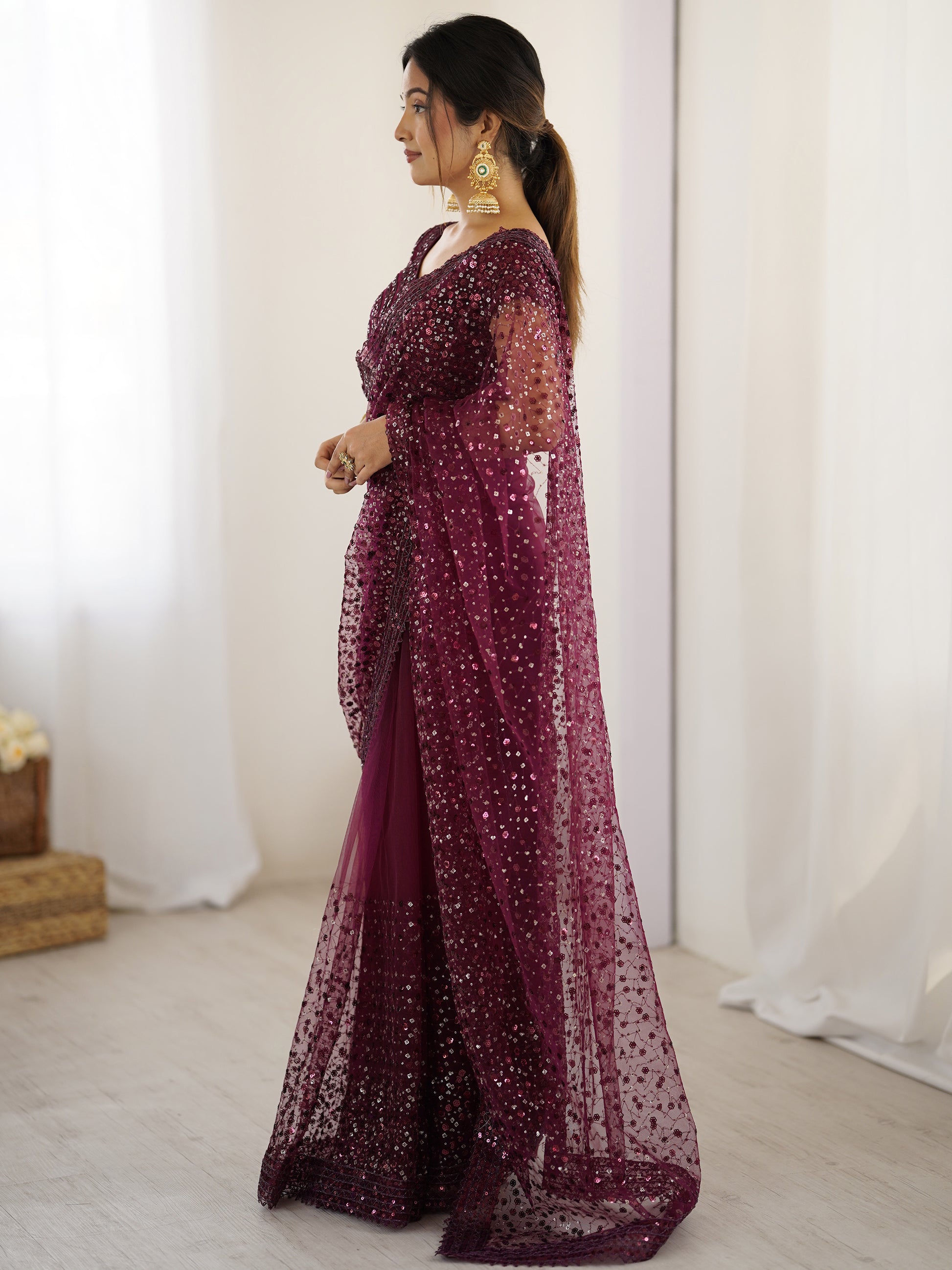 Gorgeous Wine Sequins Net Reception Wear Saree With Blouse