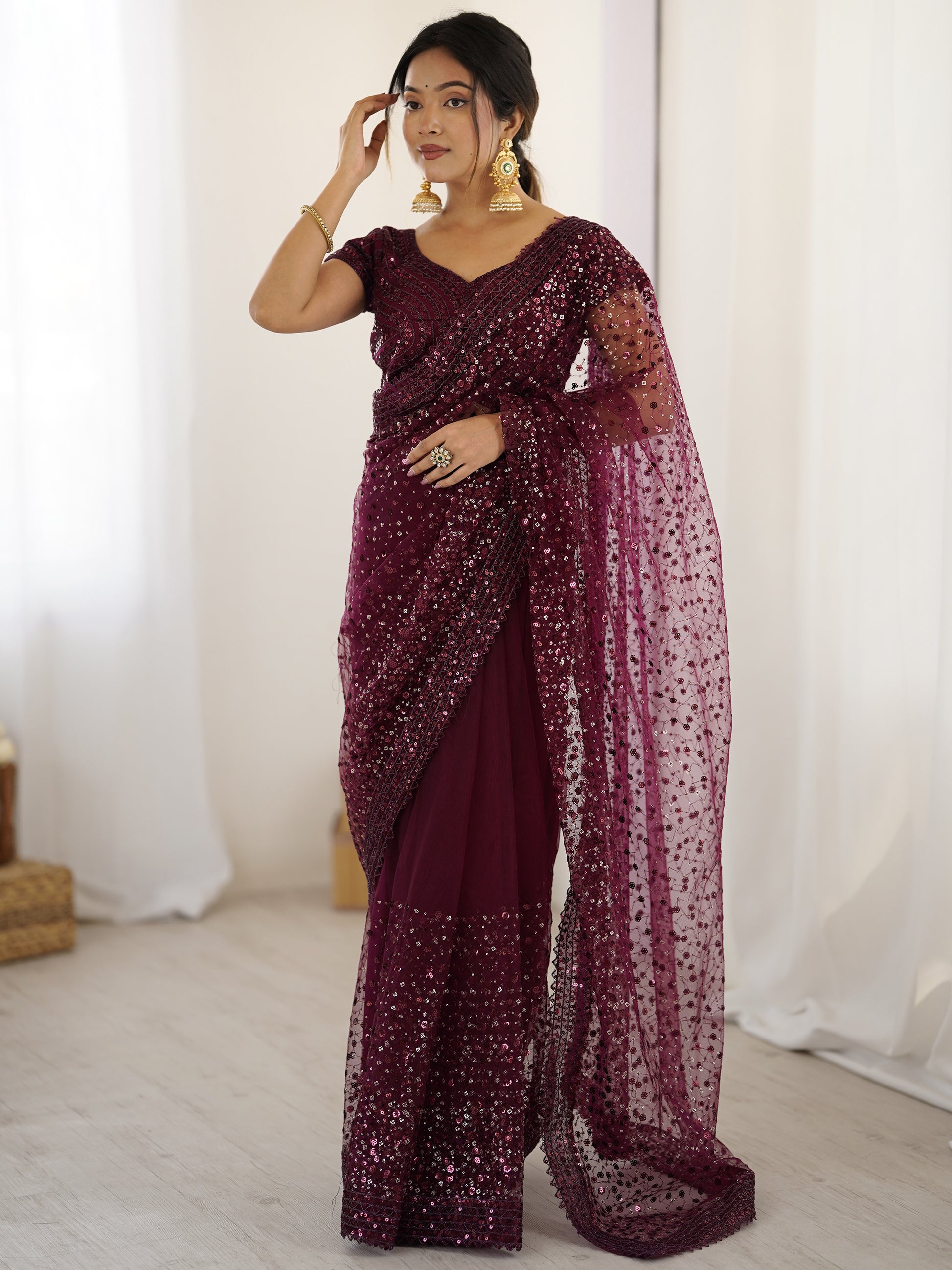 Gorgeous Wine Sequins Net Reception Wear Saree With Blouse