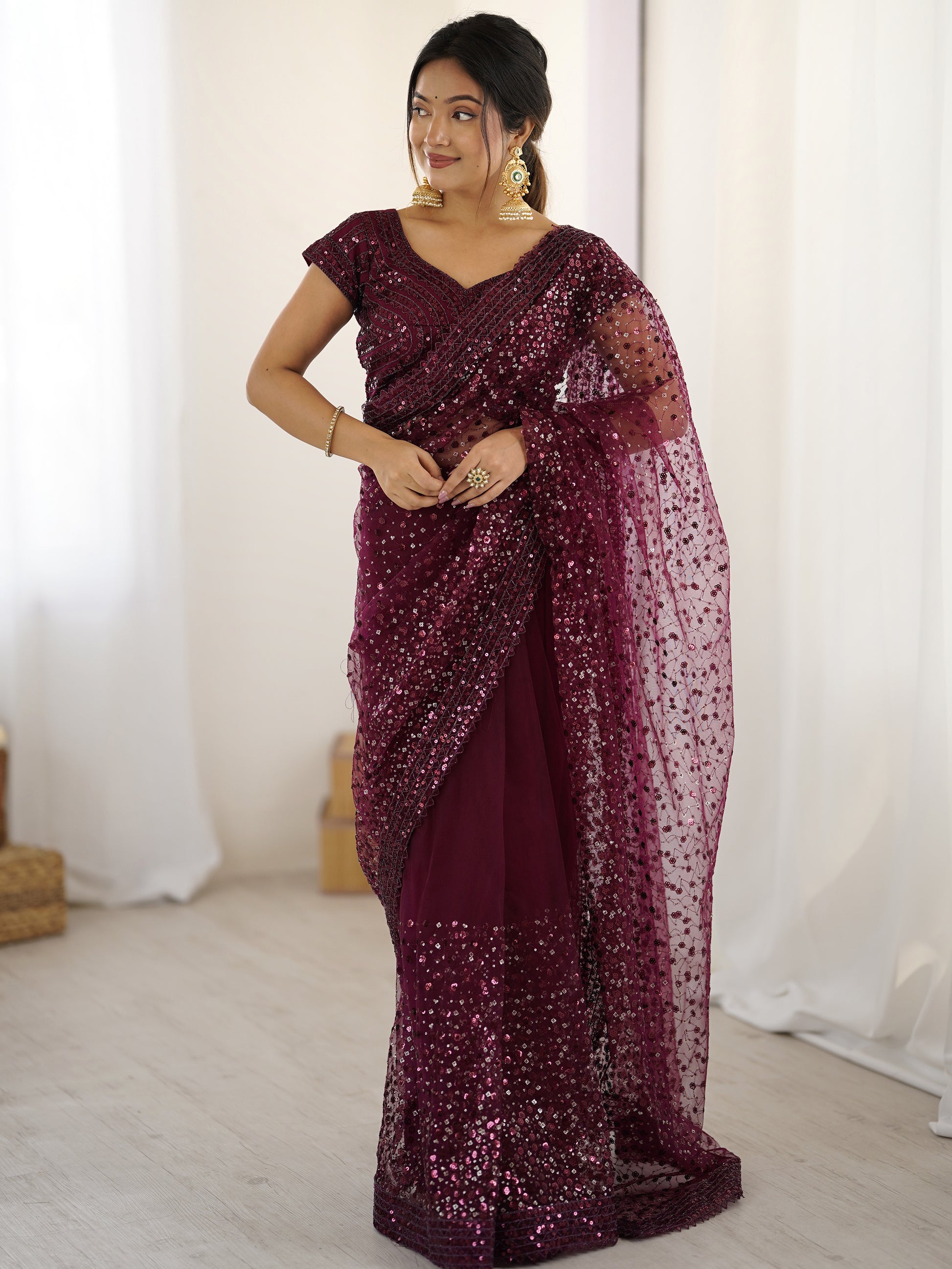 Gorgeous Wine Sequins Net Reception Wear Saree With Blouse