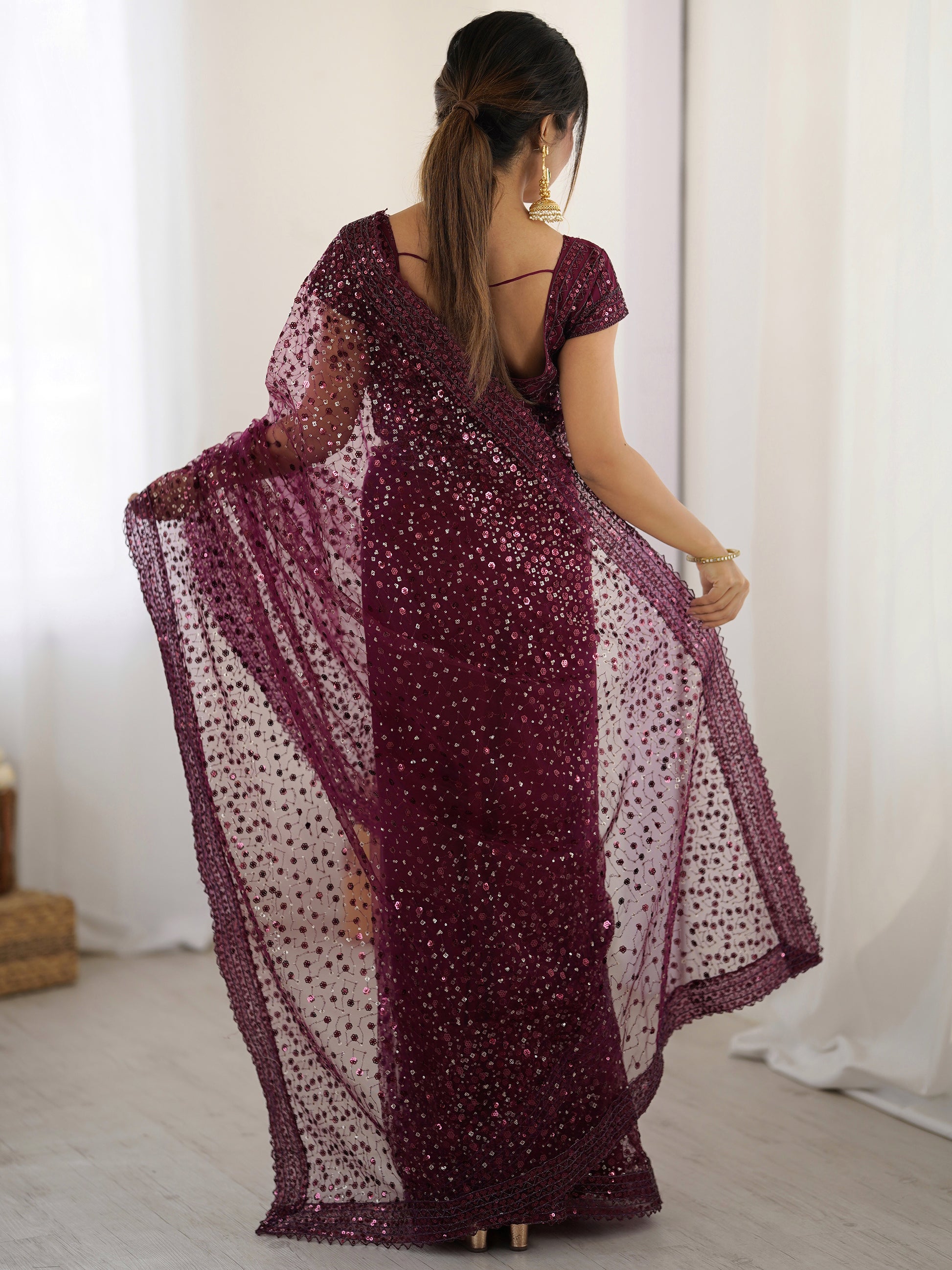 Gorgeous Wine Sequins Net Reception Wear Saree With Blouse