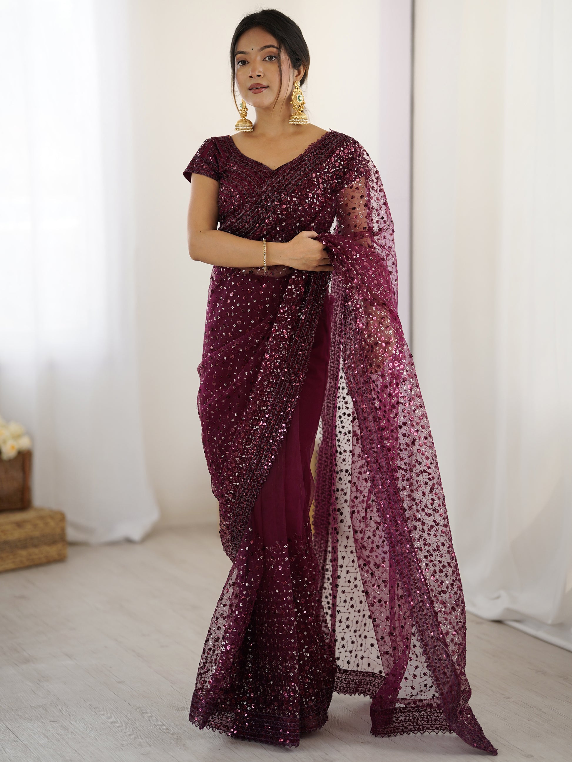 Gorgeous Wine Sequins Net Reception Wear Saree With Blouse
