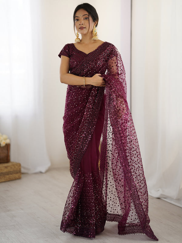 Gorgeous Wine Sequins Net Reception Wear Saree With Blouse