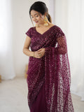 Gorgeous Wine Sequins Net Reception Wear Saree With Blouse