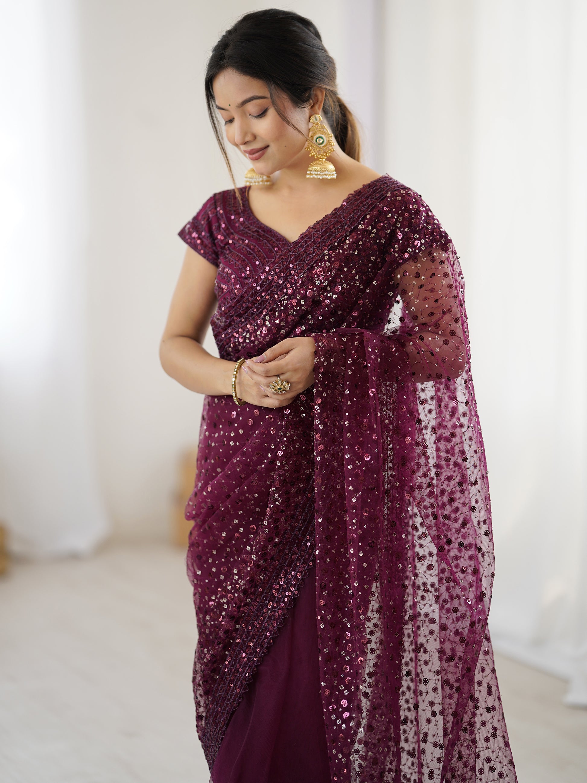 Gorgeous Wine Sequins Net Reception Wear Saree With Blouse