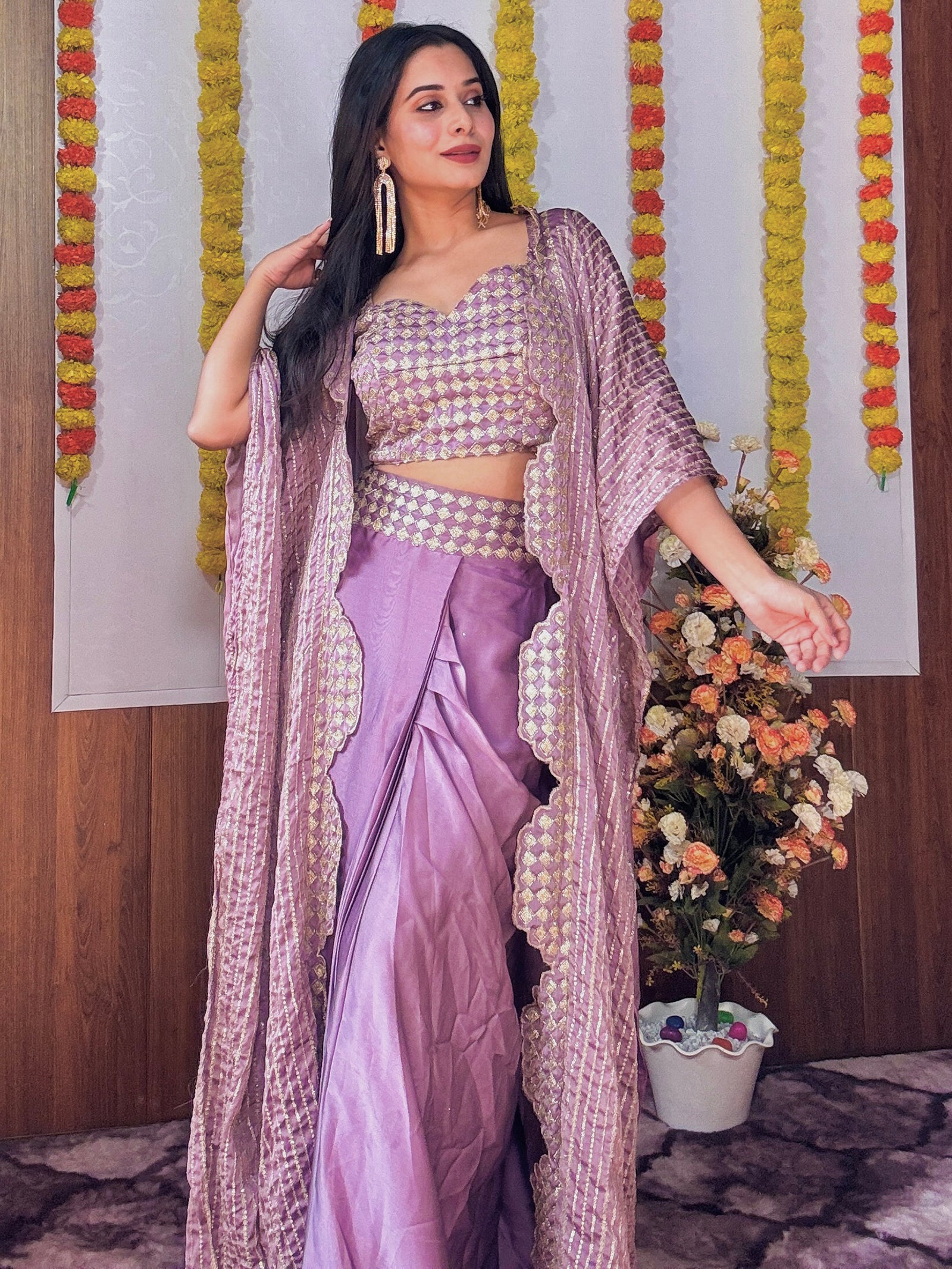 Enchanting Purple Sequins Work Silk Party Wear Skirt Choli With Shrug 