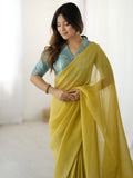 Notable Yellow Plain Silk Ready To Wear Saree With Blouse