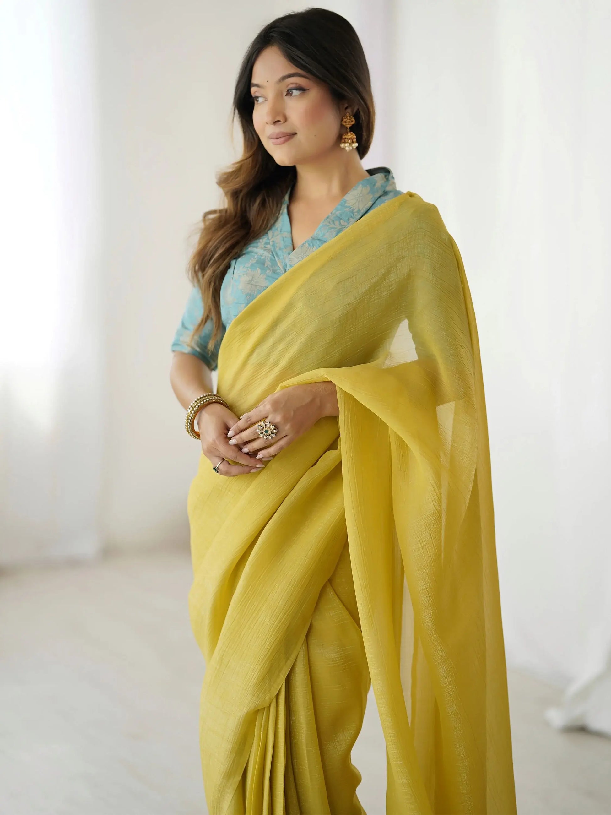 Notable Yellow Plain Silk Ready To Wear Saree With Blouse