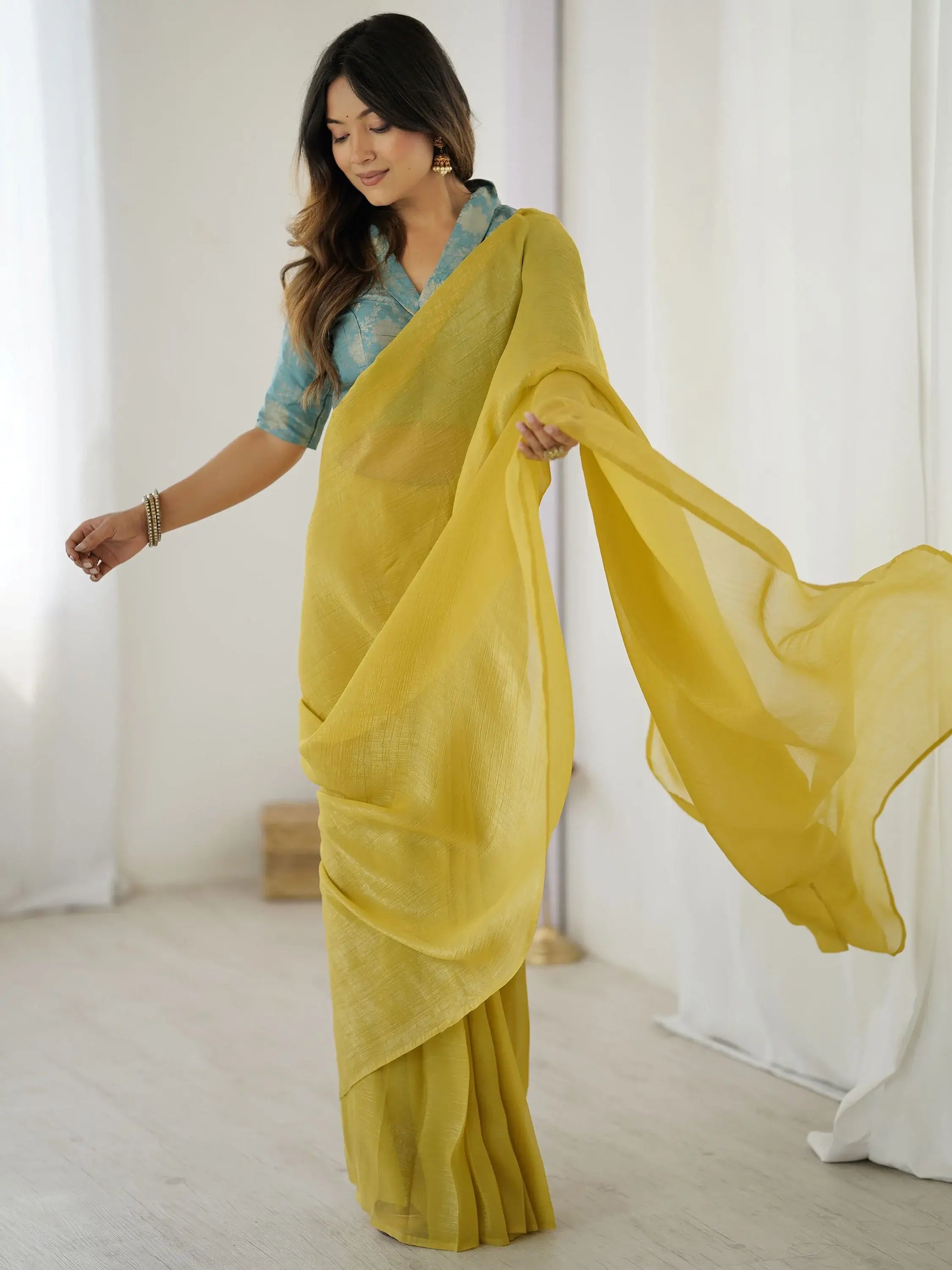 Notable Yellow Plain Silk Ready To Wear Saree With Blouse