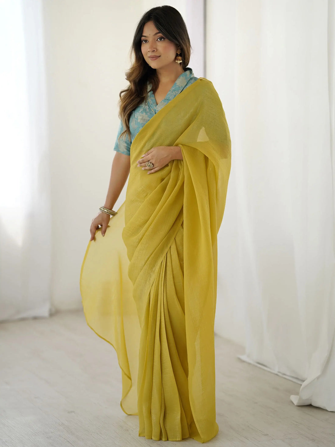 Notable Yellow  Plain Silk Ready To Wear Saree With Blouse