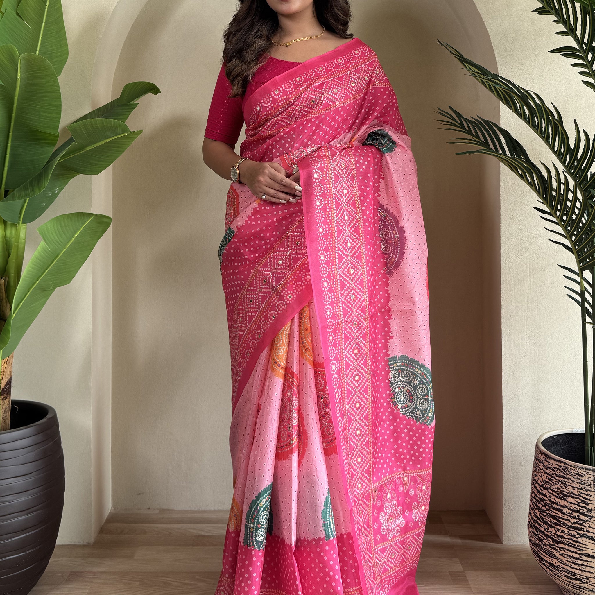 Lovely Pink Bandhni Printed Tissue Silk Casual Wear Saree With Blouse