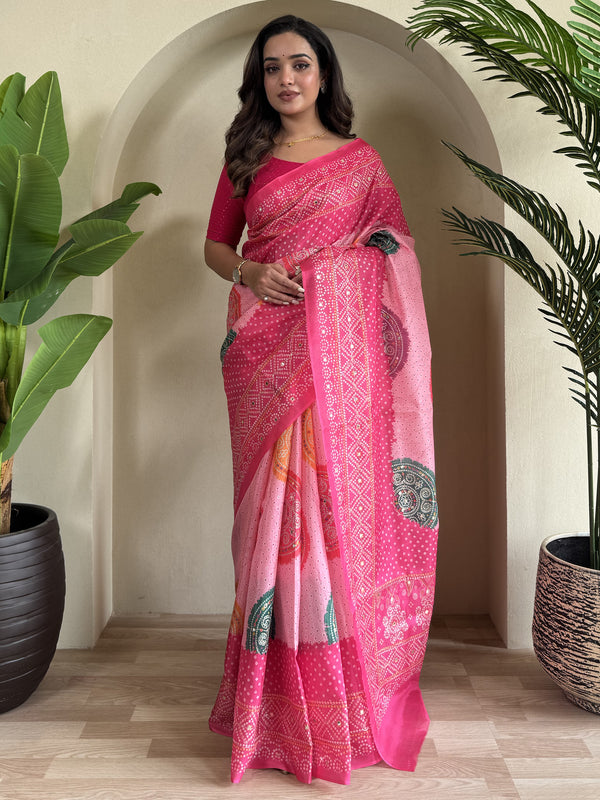 Lovely Pink Bandhni Printed Tissue Silk Casual Wear Saree With Blouse