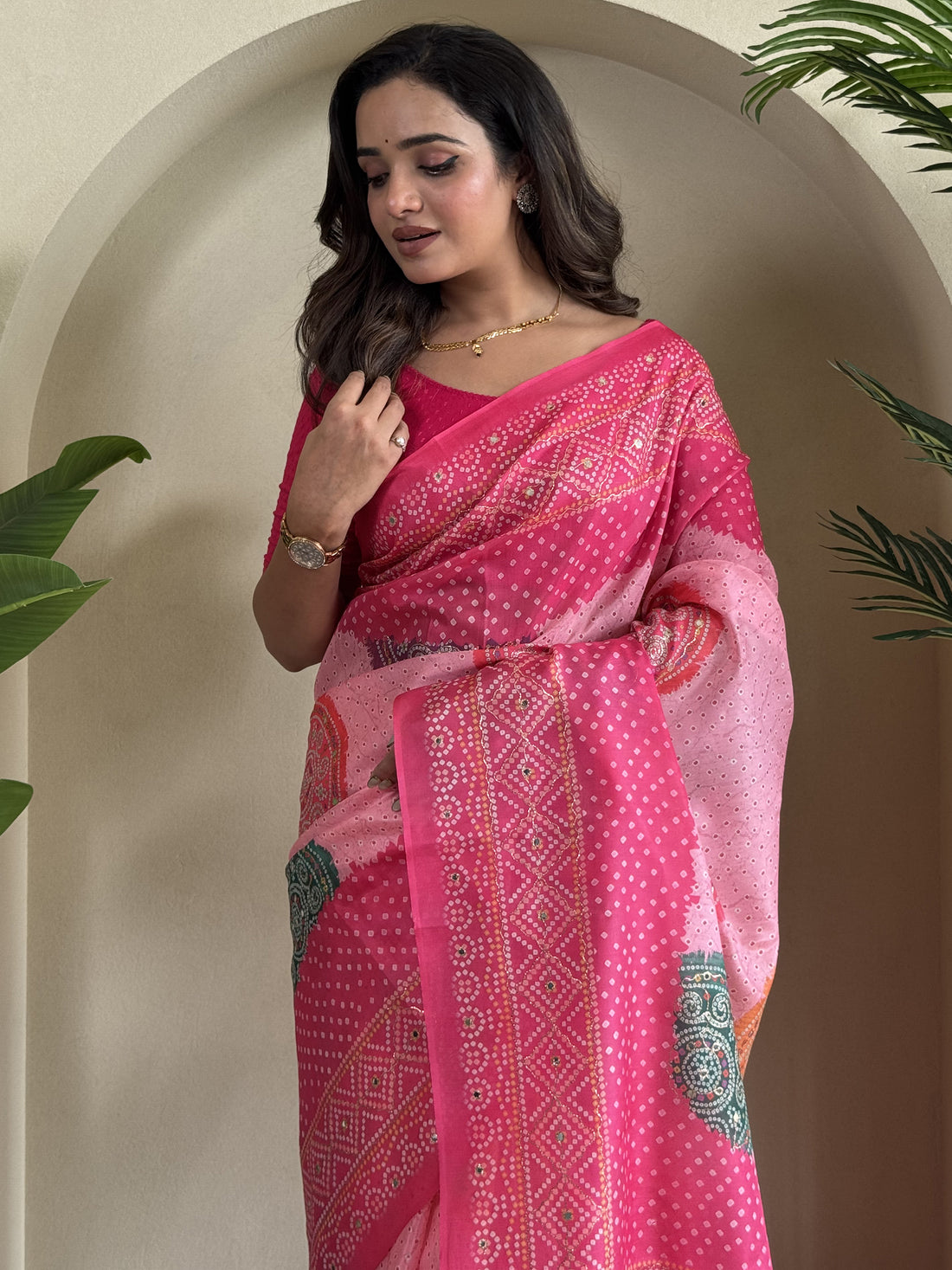 Lovely Pink Bandhni Printed Tissue Silk Casual Wear Saree With Blouse