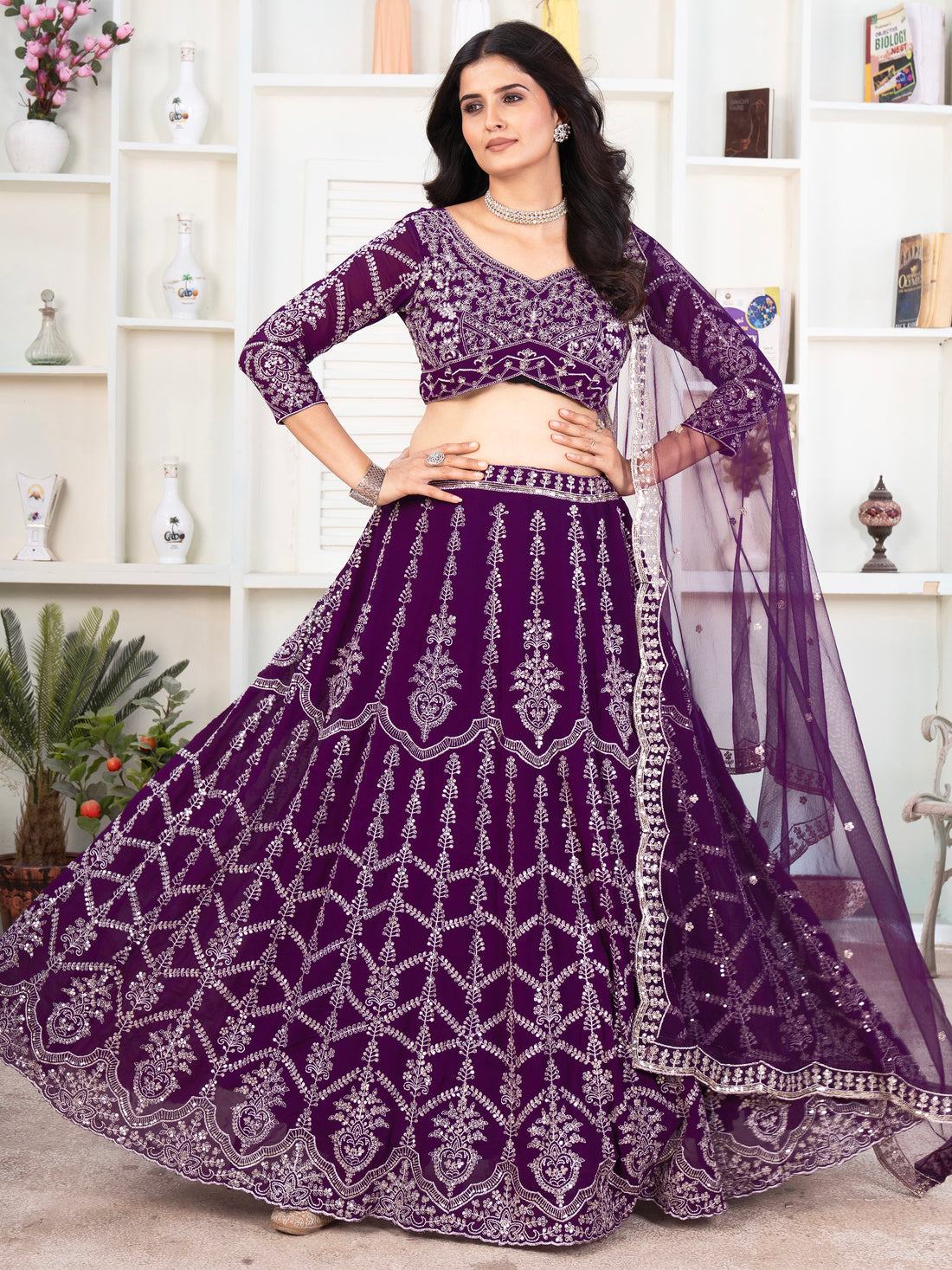 Fantastic Purple Sequins Georgette Wedding Lehenga Choli With Dupatta
