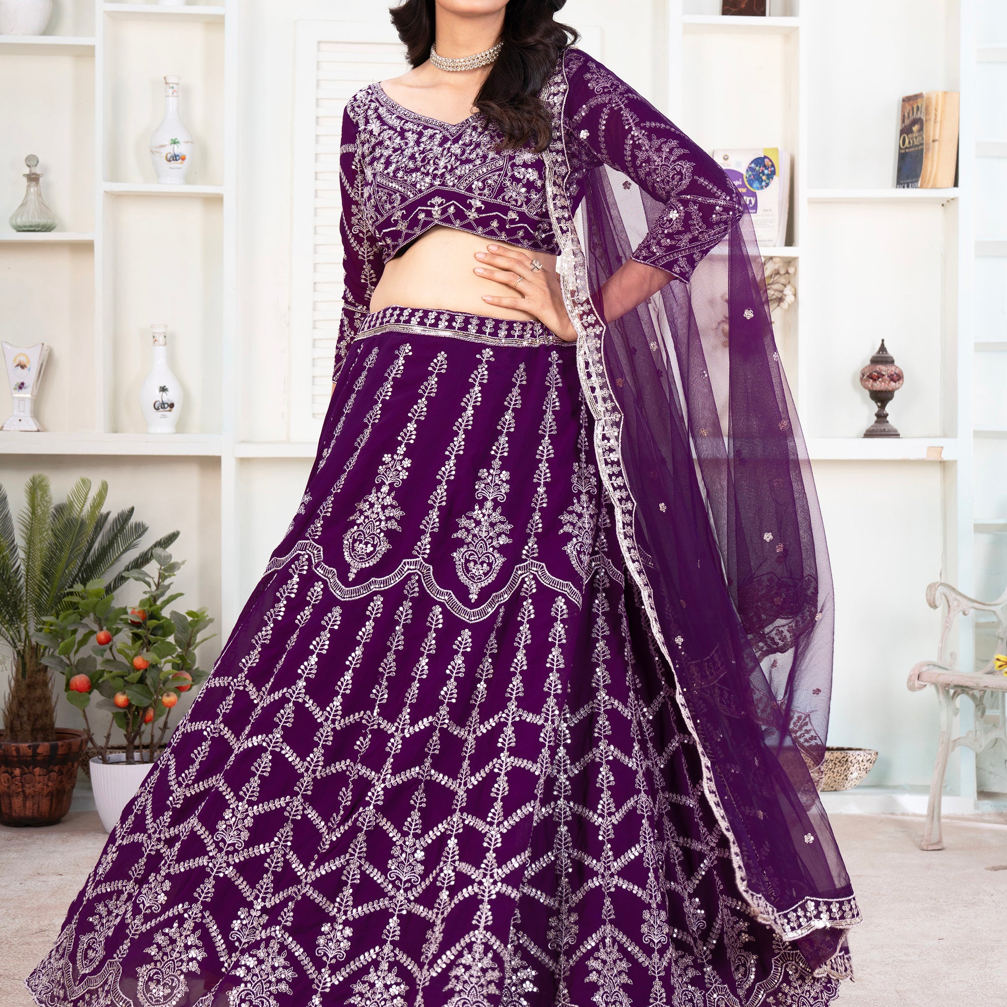 Fantastic Purple Sequins Georgette Wedding Lehenga Choli With Dupatta