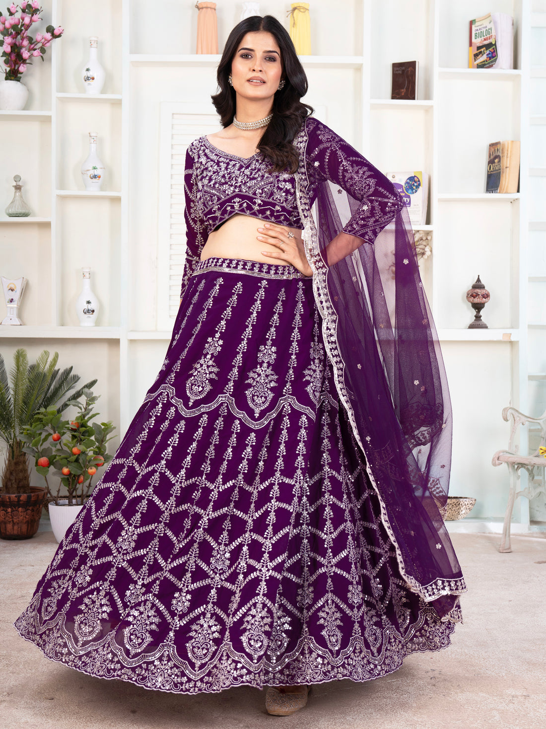 Fantastic Purple Sequins Georgette Wedding Lehenga Choli With Dupatta
