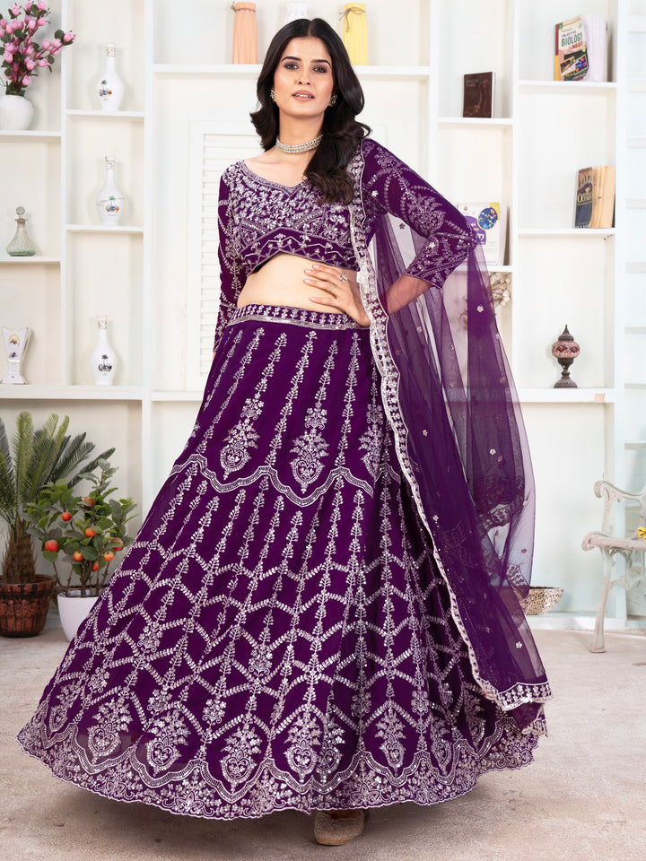 Fantastic Purple Sequins Georgette Wedding Lehenga Choli With Dupatta